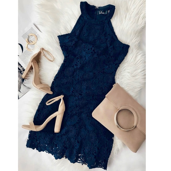 LULU’S LOVE POEM NAVY BLUE LACE DRESS - Picture 1 of 8